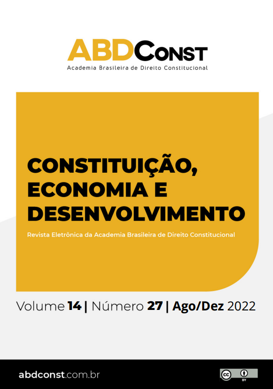 Capa da Revista Constituição, Economia e Desenvolvimento: revista eletrônica da Academia Brasileira de Direito de Direito Constitucional com fundo branco e amarelo. Volume 14, número 27, edição de agosto a dezembro de 2022.